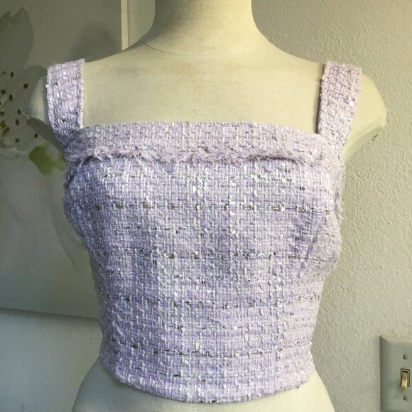 GUESS Metallic Tweed Corset Crop Top Adjustable Straps Zip Back Lined Lila S - Picture 2 of 8